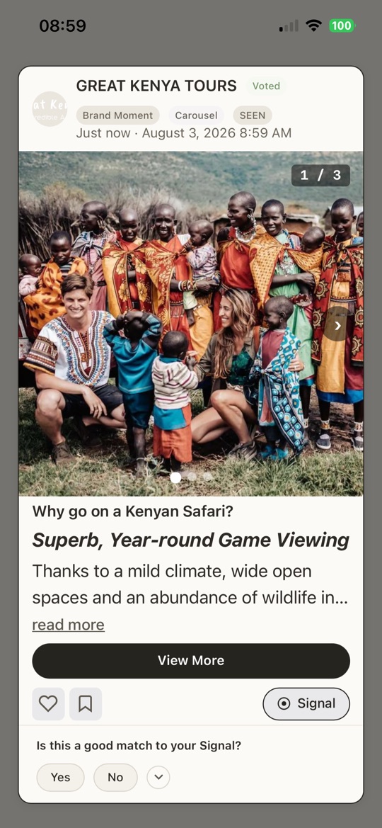 A Brand Moment carousel — full-width photography with a headline and a View More button